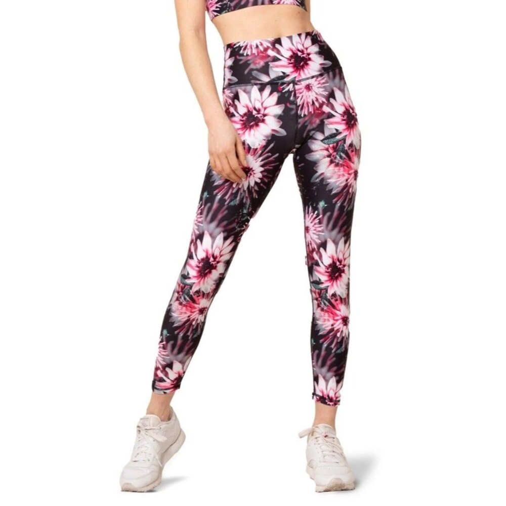 KYODAN LEGGINGS P/S High-Waist Black/Pink Floral  Yoga Pants NEW $68